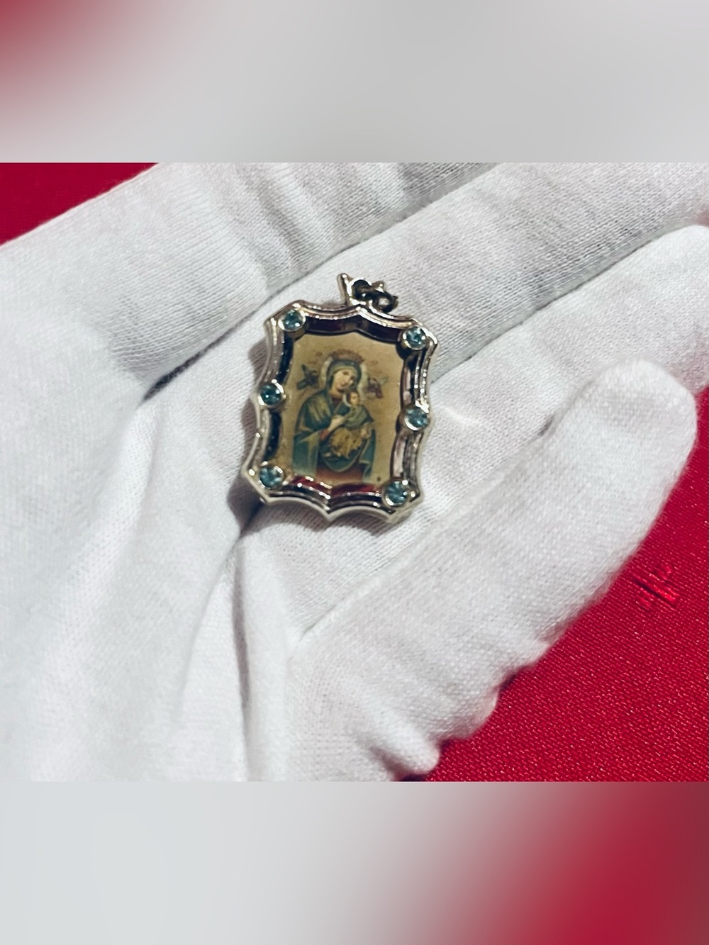 Vintage Silver Religious Pendant Charm with Blue Stones
